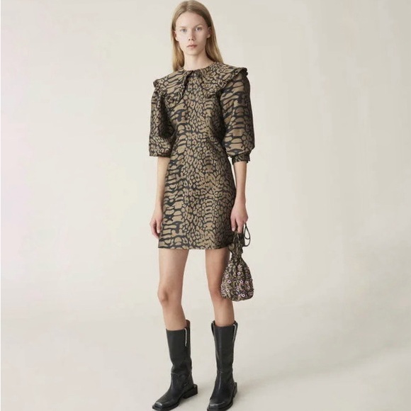 Ganni Jaquard Mini Dress in Black Brown Size 36 (4 US) - Picture 1 of 10